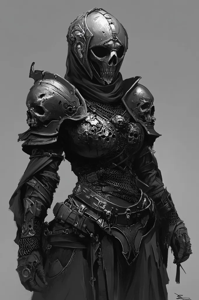 A warrior clad in dark, skeletal armor stands with a grim expression. The intricate, skull-shaped helmet casts a shadow over their face, and their heavy armor is adorned with bone-like details. The image is rendered in shades of gray, creating a sense of mystery and menace.