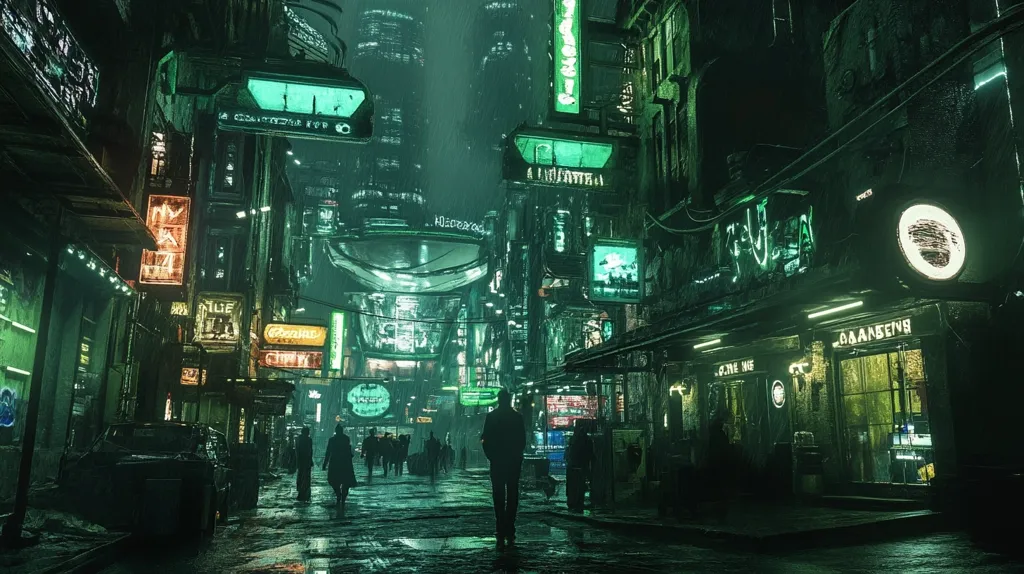 The image depicts a futuristic city street at night, with tall buildings lined with neon signs in various languages. The street is wet and reflective, creating a sense of depth. A few people walk along the sidewalk, their silhouettes barely visible against the bright lights. The overall atmosphere is both vibrant and somewhat unsettling, with a sense of mystery and danger lurking in the shadows.