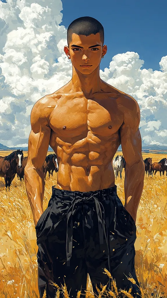 A muscular, shirtless man with a serious expression stands in a field of tall grass. He is wearing black pants with a belt and has a pair of earrings in his ears. In the background, a herd of horses graze in a field under a blue sky with fluffy white clouds. The sun shines brightly, casting long shadows across the landscape. The man's muscular physique and serious expression suggest strength and determination. The image has a sense of both calm and power, hinting at a story of adventure or a journey.
