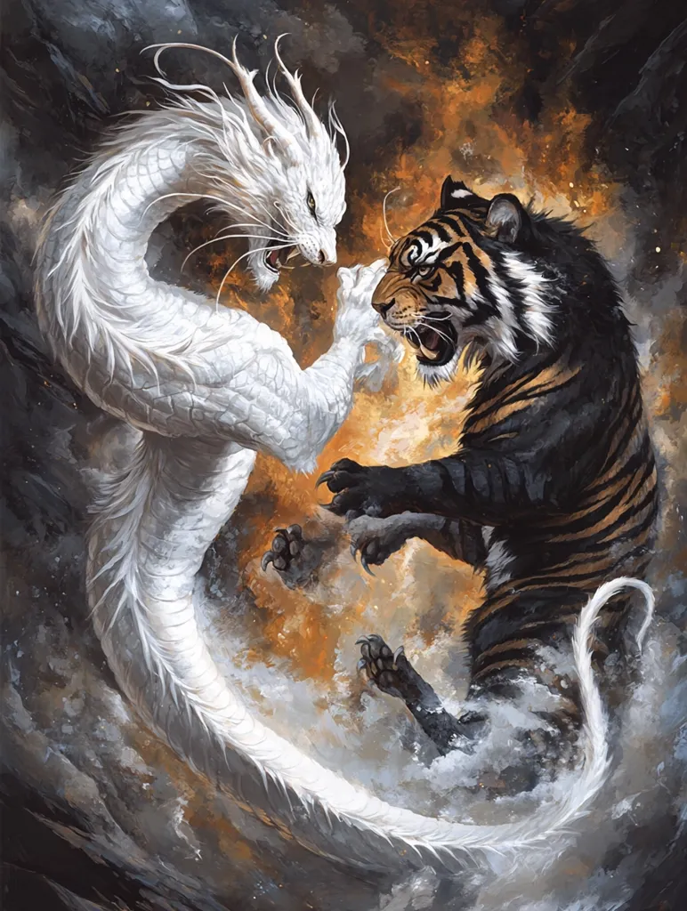A white dragon and a black and orange striped tiger are facing each other in a dramatic pose. The dragon has a fierce expression, with its claws extended, while the tiger growls with bared teeth. They are set against a swirling background of grey and orange clouds, creating a sense of power and intensity. The dragon's tail wraps around the tiger's body, suggesting a close connection or a struggle for dominance. The overall image evokes a sense of ancient myths and legends, with the dragon and tiger representing opposing forces or different aspects of nature.