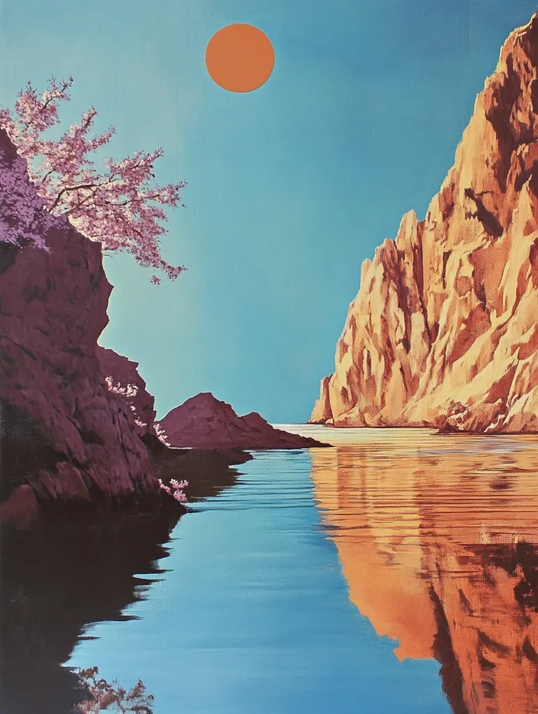 The image depicts a serene landscape with a large, orange sun in the sky above a calm, blue body of water. The water is reflected in the sky, creating a mirror-like effect. On the left side of the image, a rocky cliff is covered in foliage with a few pink blossoms, while the right side features a tall, rocky cliff reflecting in the water. The overall scene is tranquil and peaceful.