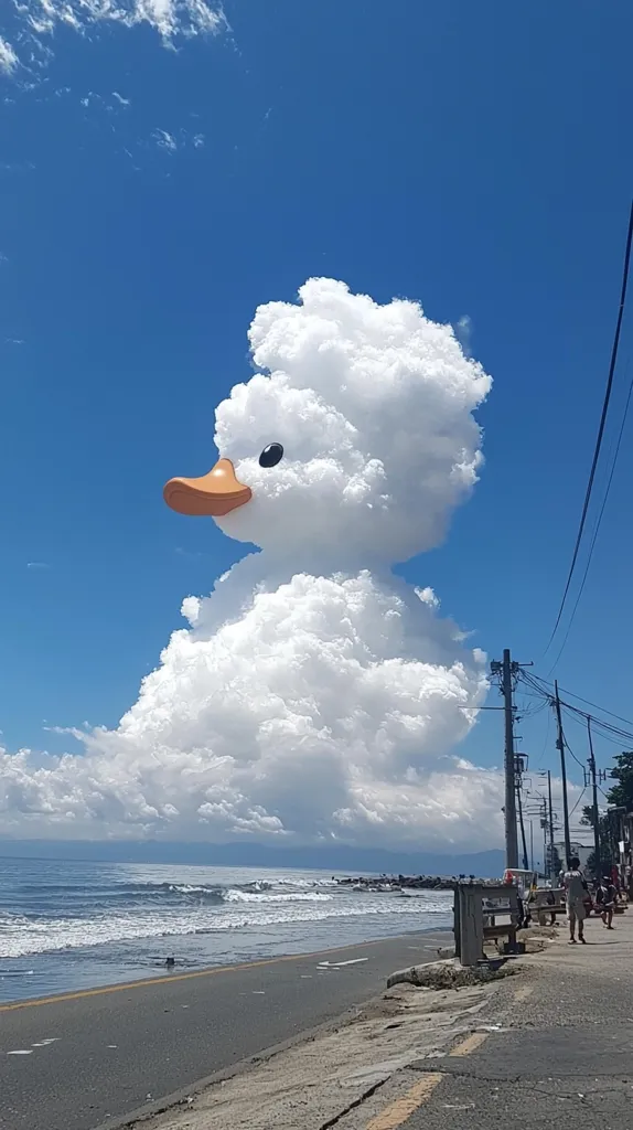 A fluffy white cloud in the shape of a duck floats in a clear blue sky above a coastal road. The road leads to a beach with gentle waves crashing on the shore. People are walking on the road, enjoying the sunny day.