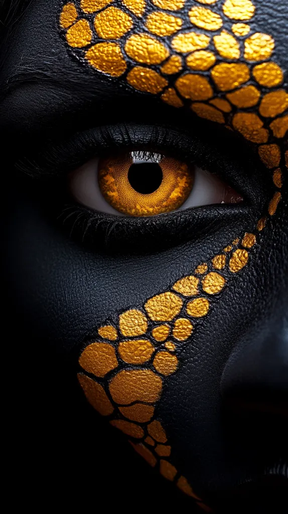 A close-up of a person's eye with black skin and gold painted scales, looking directly at the viewer with an intense gaze. The golden scales create a striking contrast against the black, and the eye is large and prominent, suggesting strength and power. The image has a dark, mysterious and captivating feel.