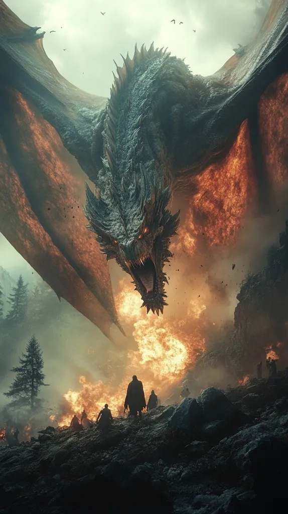 A monstrous dragon, its scales dark and menacing, fills the sky. Flames erupt from its mouth and wings, creating a fiery inferno below. A group of figures silhouetted against the fire, stand on a rocky landscape, looking up in awe and fear at the approaching beast. The scene is a dramatic portrayal of the power and terror of a dragon.