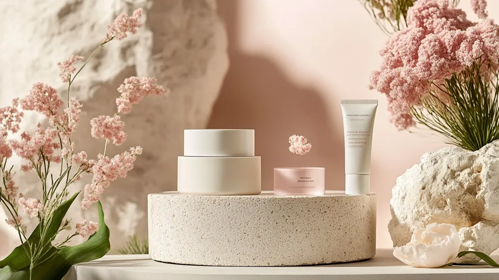 The image shows a minimalist product display with three skincare products. The products are white and pink, and they are arranged on a round, white pedestal. The background is a soft, neutral color, and there are pink flowers in the foreground and background. The overall tone of the image is calm and serene. The image likely advertises a skincare line.