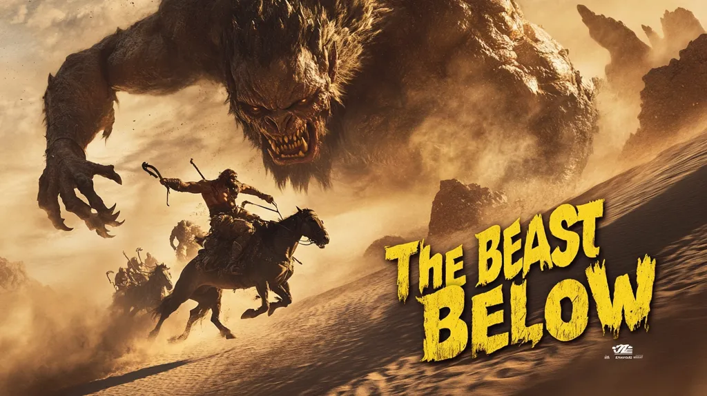 A large, monstrous creature with sharp teeth and claws is looming over a group of horsemen riding through a sandy desert. The title "The Beast Below" is displayed in a bold, yellow font, suggesting a film or other media. The image conveys a sense of danger and impending doom, hinting at a thrilling adventure. The intense color palette of sand, ochre, and yellow enhances the dramatic atmosphere.