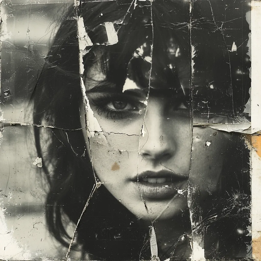A black and white photograph of a woman's face, fragmented and pieced together with torn edges, creating a sense of mystery and hidden stories. The woman's gaze is intense, her lips slightly parted, and her eyes seem to hold a story within them. The faded and fragmented nature of the image adds to the sense of time and memory.