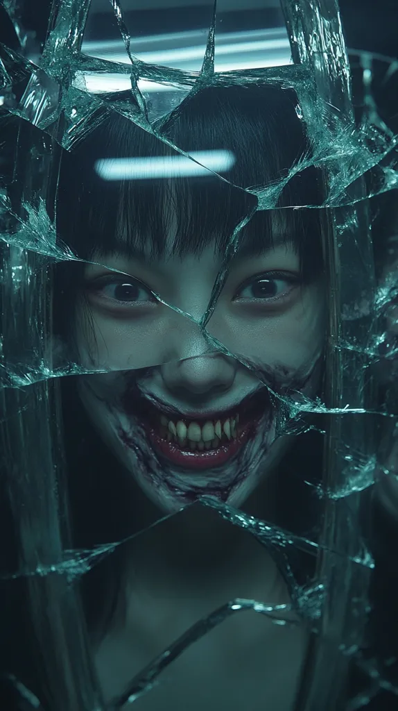 The image shows a close-up of a woman's face through a cracked glass pane. The woman has dark hair and a menacing smile, revealing sharp teeth. Her face is covered in blood, adding to the eerie and unsettling atmosphere. The fragmented glass reflects the woman's image, creating a distorted and disturbing vision. The image evokes a sense of horror and danger, leaving the viewer with a feeling of unease.