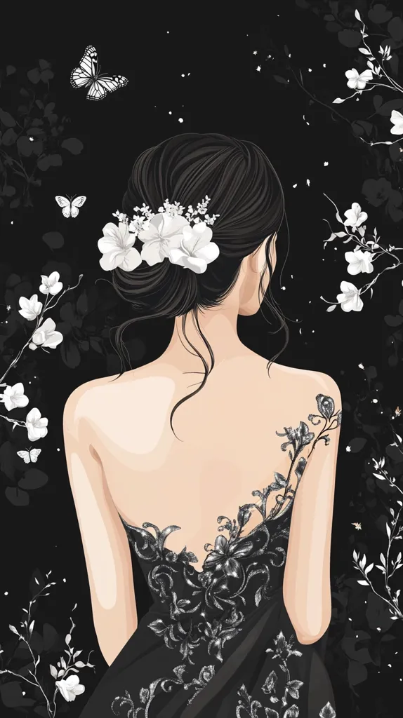 A woman with long black hair adorned with white flowers, wears a black gown with delicate silver embroidery. She is turned away from the viewer, her back facing the camera. The image is set against a black background with scattered white flowers and butterflies. The overall feel is romantic and elegant.