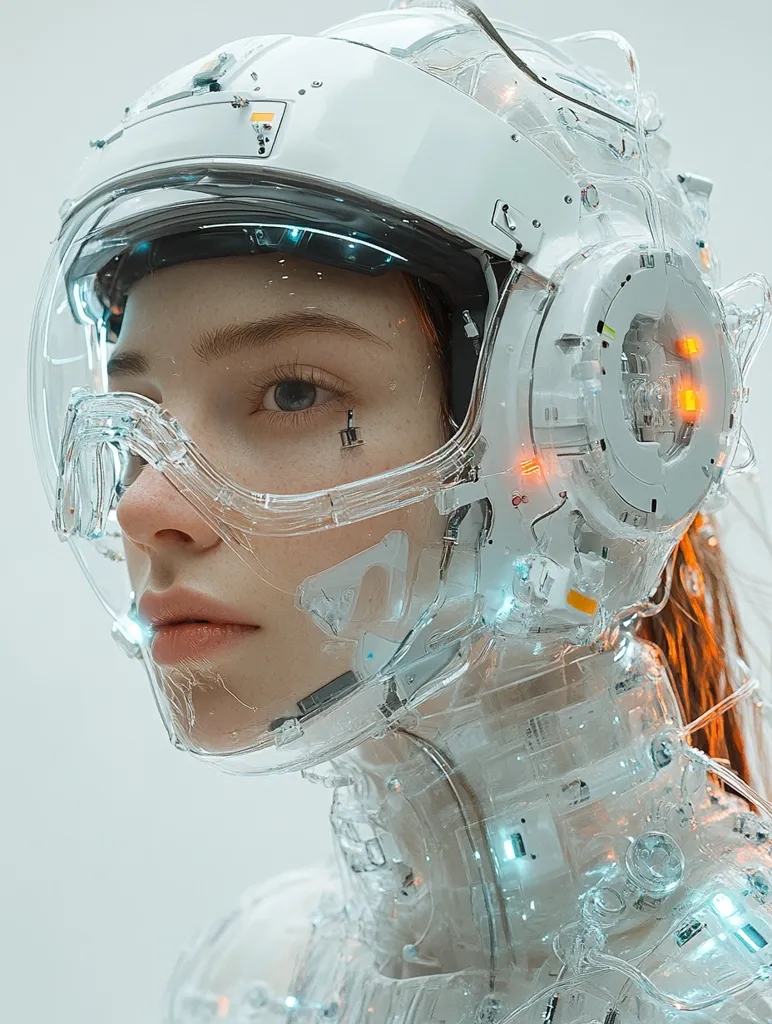 A woman's face is visible through a transparent, futuristic helmet. The helmet is adorned with intricate wiring and glowing lights. The woman's face is partially obscured by the helmet, but her blue eye and soft lips are visible. Her long hair flows down her back. The image is a captivating blend of human and machine, creating a sense of mystery and intrigue.