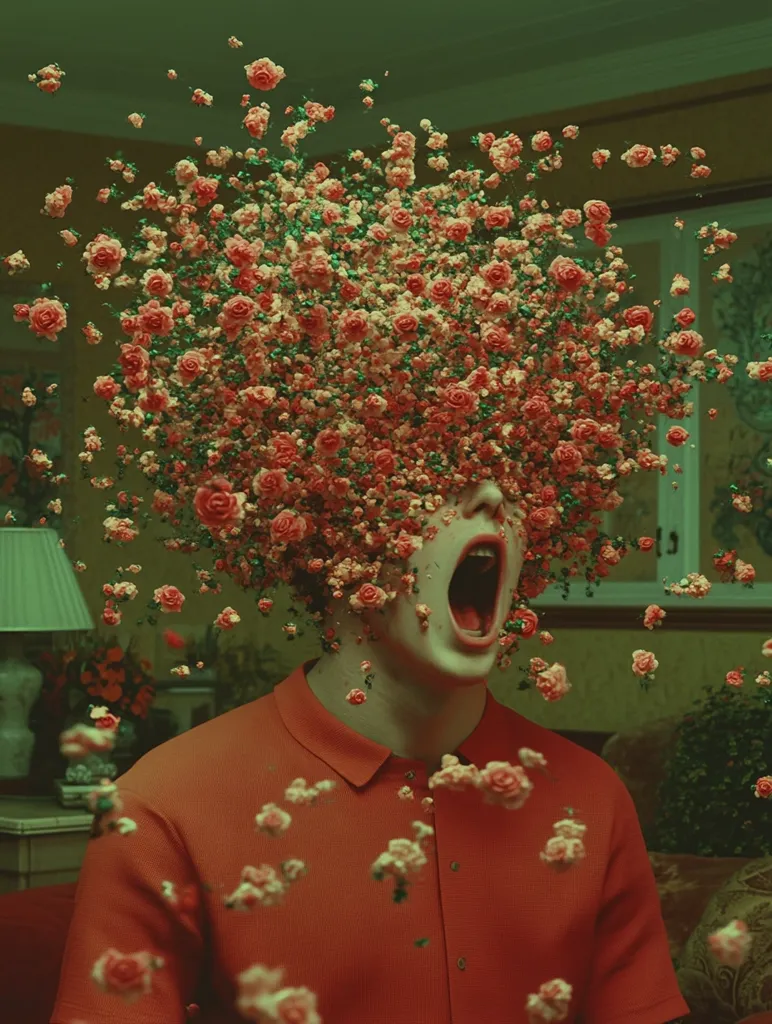 A man in a red shirt is surrounded by a swirling cloud of pink flowers. His mouth is open in a scream, and he appears to be overwhelmed by the floral chaos. The background is blurred, suggesting a sense of disorientation. The image evokes a feeling of claustrophobia and anxiety.