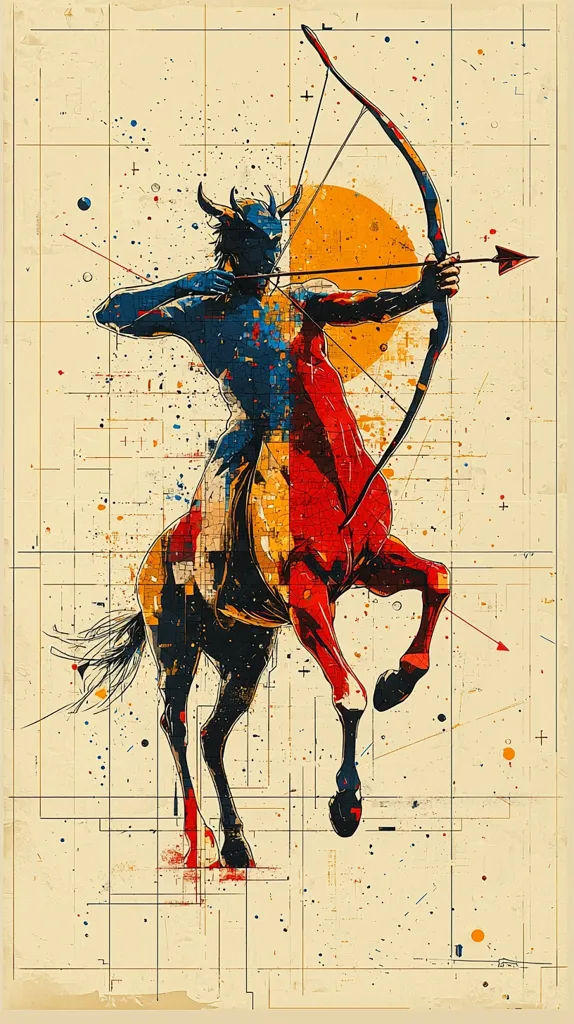 A stylized image of a centaur, a mythical creature with the upper body of a human and the lower body of a horse. The centaur is holding a bow and arrow, and is surrounded by a grid and splashes of color. The image has a retro and vintage feel, with bold colors and a simple style.  The background is a grid pattern with splattered paint on a beige canvas.  The image is likely a representation of the Zodiac sign Sagittarius.