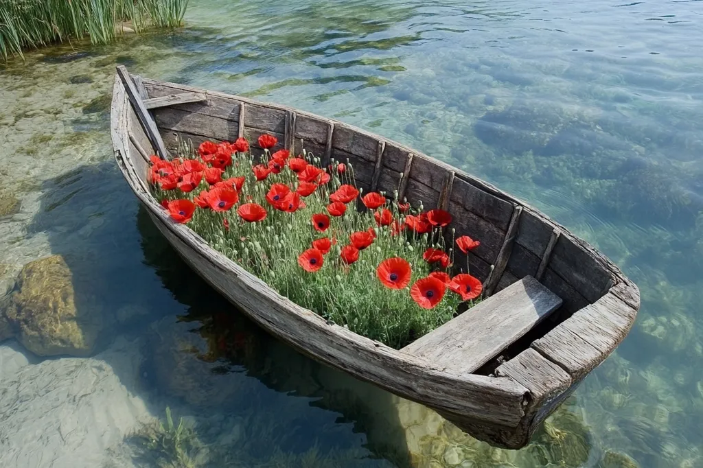 A wooden rowboat sits half-submerged in clear, shallow water, filled with a vibrant display of red poppies. The boat's weathered wood contrasts beautifully with the vibrant blooms, creating a serene and picturesque scene.  The water's clarity allows for a glimpse of the underwater world, adding depth to the composition.  The scene suggests a peaceful and tranquil moment in nature.