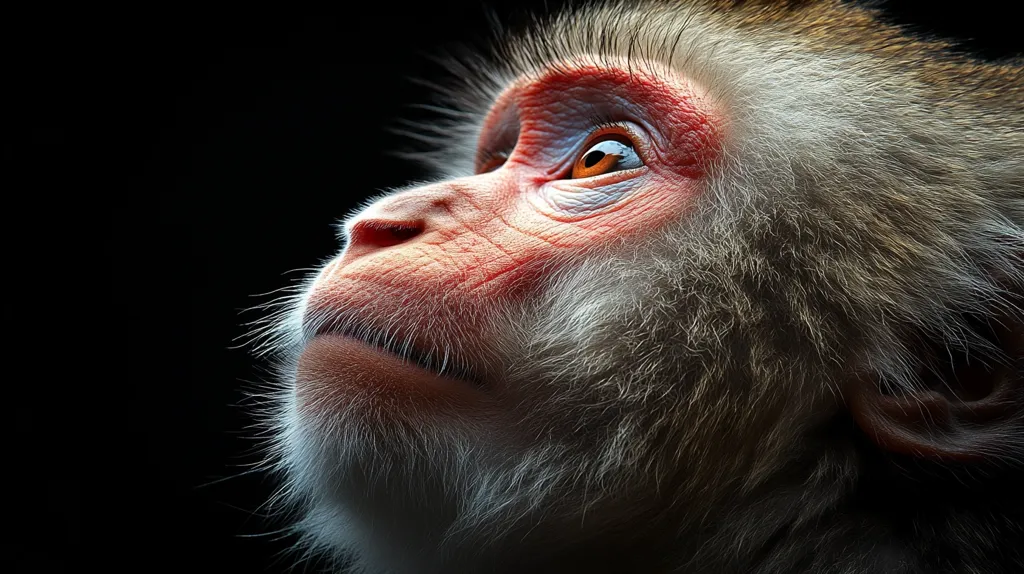The close-up photo captures a monkey's face, tilted upwards, with its eye wide open and gazing at something off-screen. The soft, white fur of the monkey contrasts with its pink, wrinkled skin. The image is focused on the monkey's face, leaving the rest of its body obscured in the darkness.  The detailed texture of the fur and the intricate lines around the eye create a sense of realism. The lighting accentuates the contrast between the light and dark areas of the monkey's face, creating a dramatic effect.