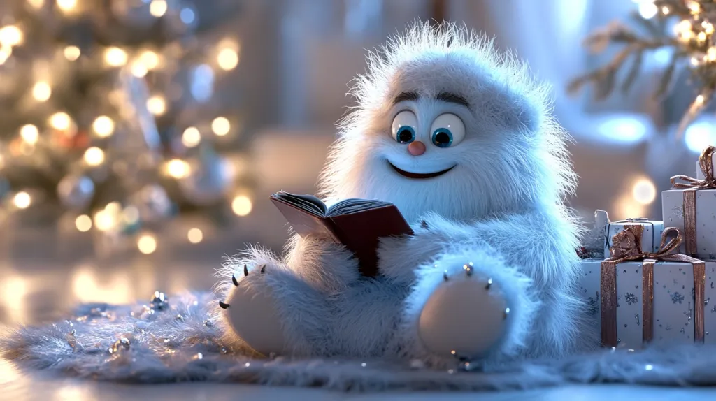 A fluffy white yeti with large blue eyes and a cheerful smile sits on a soft rug, reading a book in a cozy setting.  A blurred Christmas tree with twinkling lights is in the background, along with gift boxes wrapped in white and gold paper. The yeti seems content and relaxed, enjoying the festive atmosphere.  The overall tone of the image is warm, joyful, and inviting.