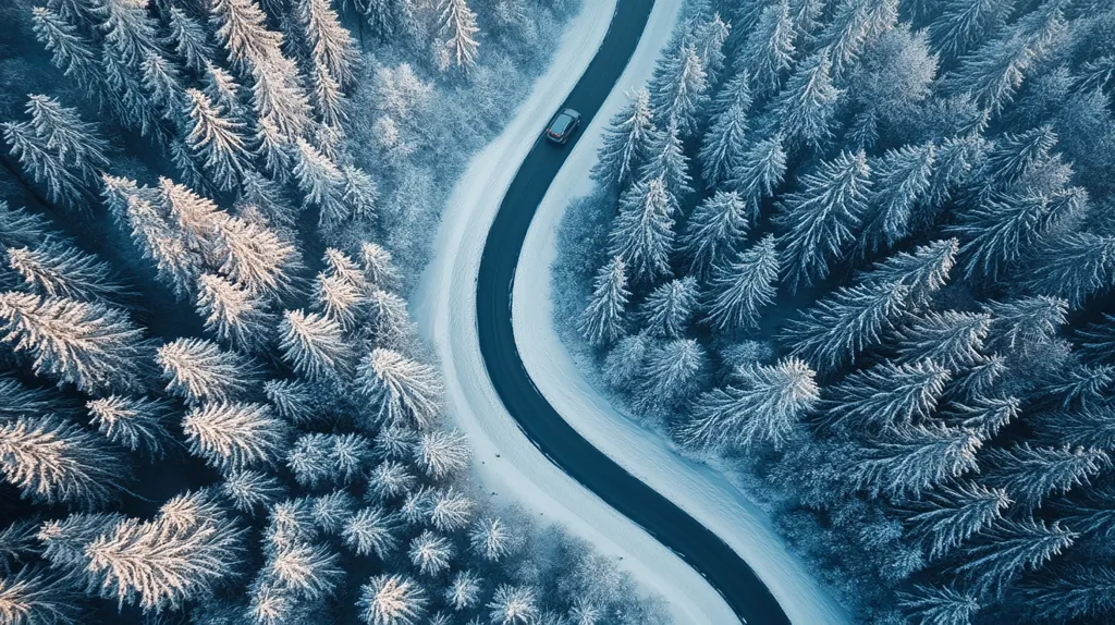 A winding road snakes through a snowy forest, captured from a bird's eye view. The trees are adorned with a thick layer of frost, creating a serene and ethereal scene. A lone car journeys along the road, its small size emphasizing the vastness of the winter landscape. The image evokes a sense of peace and tranquility, highlighting the beauty of nature's icy embrace.