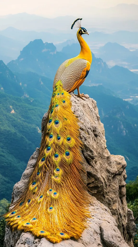 A golden peacock perches on a rocky outcrop overlooking a vast mountain range. Its vibrant plumage, with intricate patterns of blue and gold, contrasts beautifully against the hazy blue sky. The peacock's tail feathers fan out dramatically, creating a spectacle of color and texture against the rugged terrain. The image evokes a sense of tranquility and majesty, capturing the beauty of nature and its extraordinary creatures.