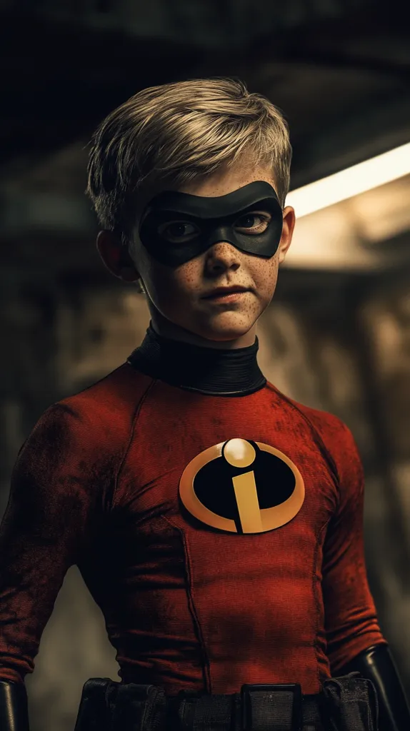 A young boy dressed as Mr. Incredible from the Disney Pixar movie "The Incredibles". He is wearing a red and black costume with the iconic "I" symbol on the chest. He has a serious expression on his face and is wearing a black mask over his eyes. The photo is taken in a dark and moody setting, making the costume stand out even more.
