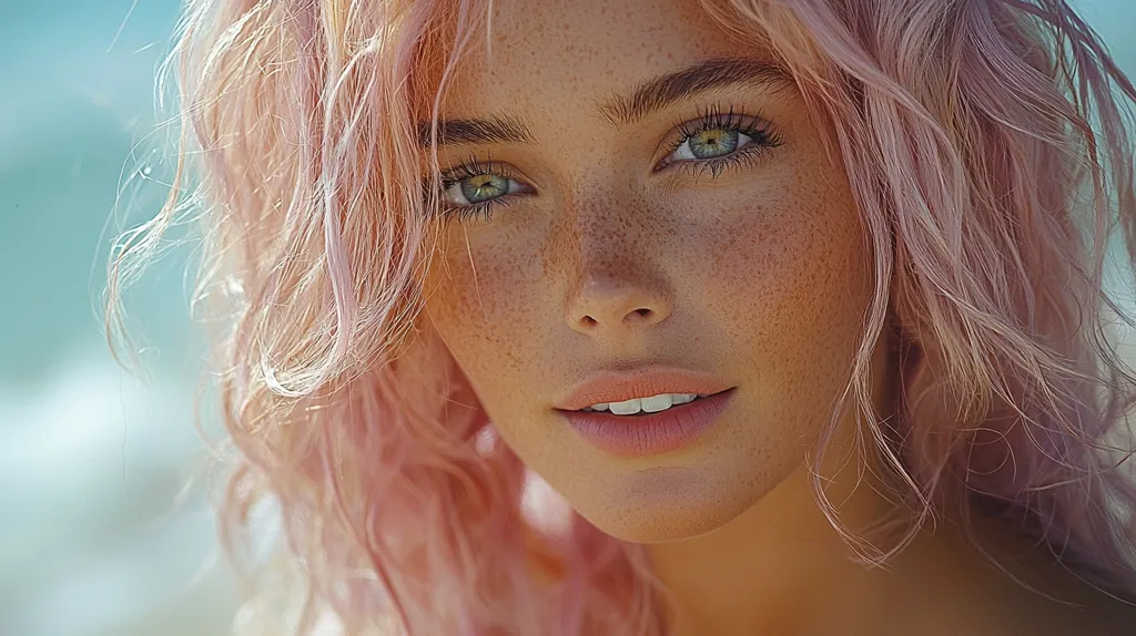 A close-up portrait of a young woman with pink hair. Her eyes are wide and blue, and she has freckles across her nose and cheeks. She is smiling, showing off her white teeth. Her hair is wavy and slightly messy, and she appears to be outdoors, possibly on a beach. The background is blurred, and the image is focused on the woman's face.