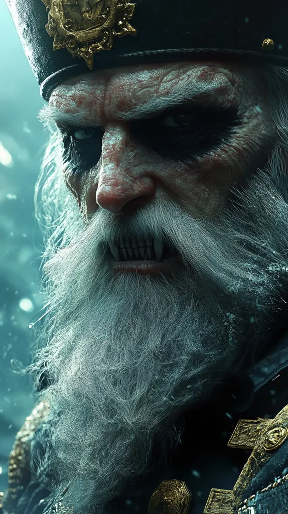 A close-up shot of an old man's face with a long white beard. His eyes are blacked out, and he has a cruel expression. He is wearing a black hat with gold trim, and his outfit is adorned with gold accents. The background is blurred with light and dark colors. The image is stylized and has a dark and menacing feel.