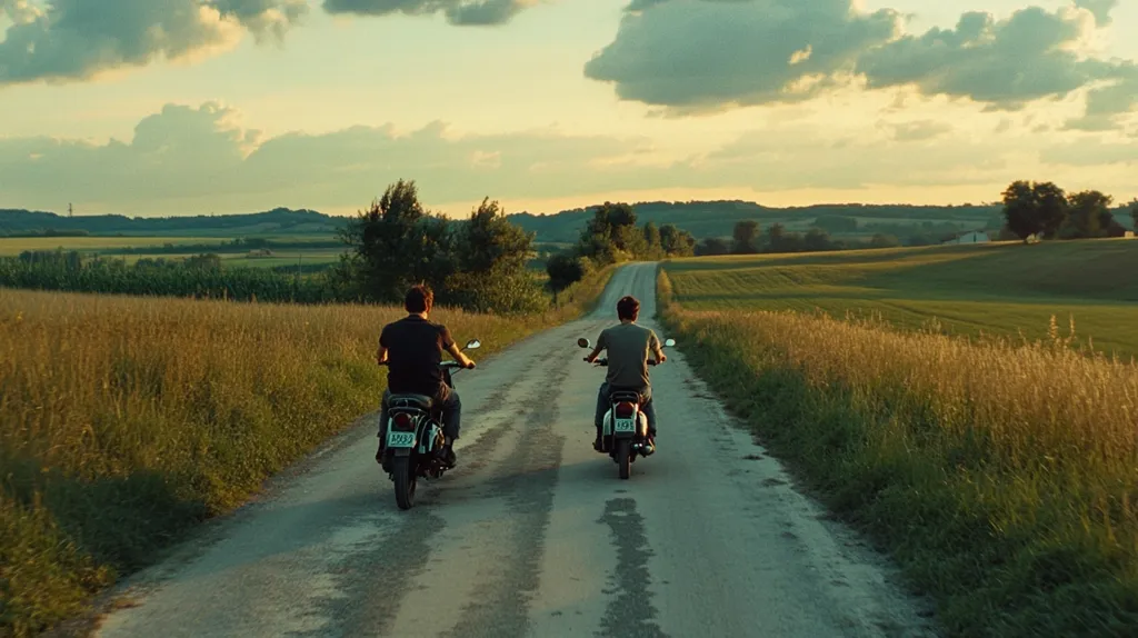 Two young men ride mopeds down a winding country road. The road is flanked by fields of tall grass and the horizon is dotted with rolling hills. The sky is a pale blue with wispy clouds, and the sun is setting in the distance, casting a warm glow over the scene. The mopeds have a vintage look, adding to the sense of nostalgia.