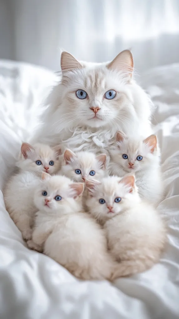 A white mother cat with bright blue eyes is surrounded by her four fluffy white kittens. They all have striking blue eyes. The mother cat looks directly at the camera with a gentle gaze while her kittens are nestled closely around her.  The scene is captured on a pristine white bed with soft, silky sheets. The cats' fluffy white fur creates a beautiful contrast against the white background, highlighting their delicate features.