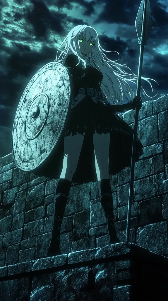 The image features a female anime character standing on a stone wall, holding a spear and a shield. She has long silver hair, green eyes, and is wearing a black dress and armor. Her expression is serious, and her posture is confident. The background is a stormy sky, and the overall mood of the image is one of strength and determination.