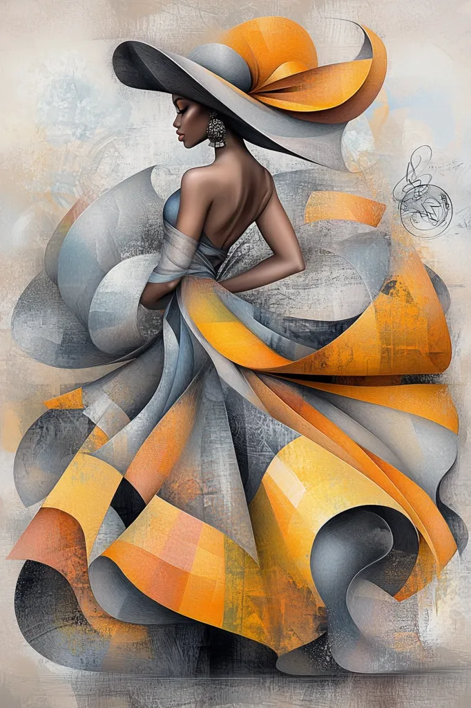 A woman in a large, wide-brimmed hat with a  yellow ribbon stands with her back to the viewer. The hat is tilted down, hiding most of her face. She wears a dress of swirling, geometric shapes of yellow and gray. The background is a soft, muted gray. The painting is stylized and abstract.