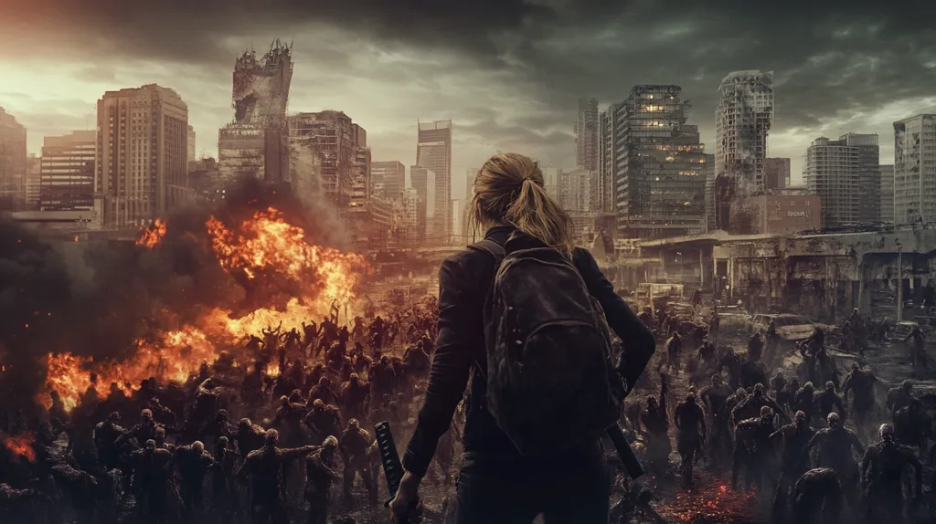 A lone woman stands in a post-apocalyptic cityscape, facing a horde of zombies. The city is in ruins, with burning buildings and debris scattered throughout. The woman is armed with a katana and is wearing a backpack, suggesting she is prepared for the dangers ahead. The scene is full of tension and suspense, as the woman prepares to face the onslaught of the undead. The image captures the bleakness and desperation of a world overrun by zombies, leaving the viewer wondering if she can survive the night.