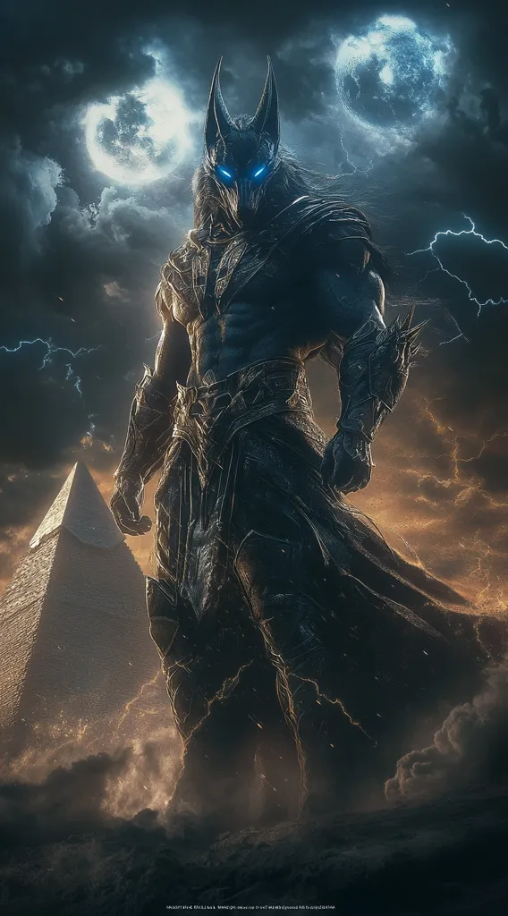 A dark, imposing figure with glowing blue eyes stands against a stormy sky. He wears dark armor and a cloak, and his face is hidden behind a mask. He stands in front of a pyramid, with lightning crackling in the distance. The scene is ominous and powerful, suggesting a battle or a confrontation between good and evil.  The figure's muscular build and fierce expression suggest a powerful warrior, possibly a god or a demon. The dramatic lighting and the ominous atmosphere create a sense of foreboding and anticipation.