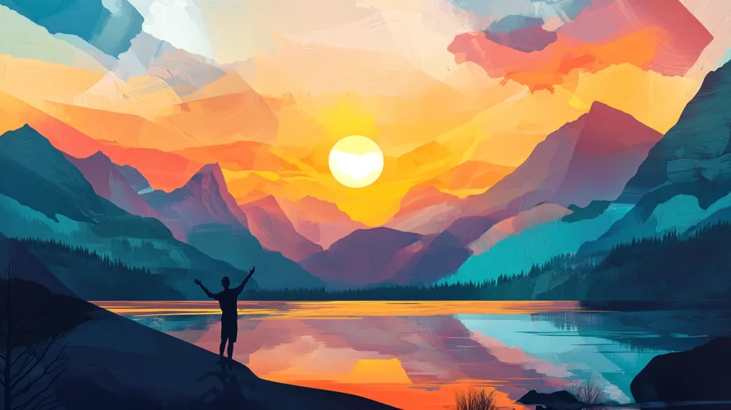 The image depicts a serene landscape with a large body of water reflecting the vibrant colors of a sunset. A single figure stands on a rocky shore, arms outstretched, silhouetted against the fiery sky. The mountains in the background are a patchwork of deep blues, purples, and oranges, adding to the ethereal beauty of the scene. The overall impression is one of tranquility and awe-inspiring natural splendor.