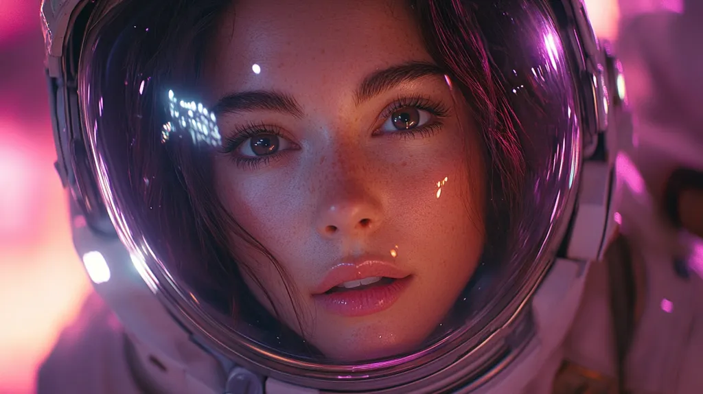 The image shows a woman in an astronaut helmet, looking directly at the viewer. The focus is on her face, which is illuminated by pink and purple light. The light reflects off the helmet, creating a dreamy and ethereal effect. Her expression is curious and thoughtful, hinting at a sense of wonder and the vastness of space.  The image evokes a feeling of otherworldly beauty and the unknown.
