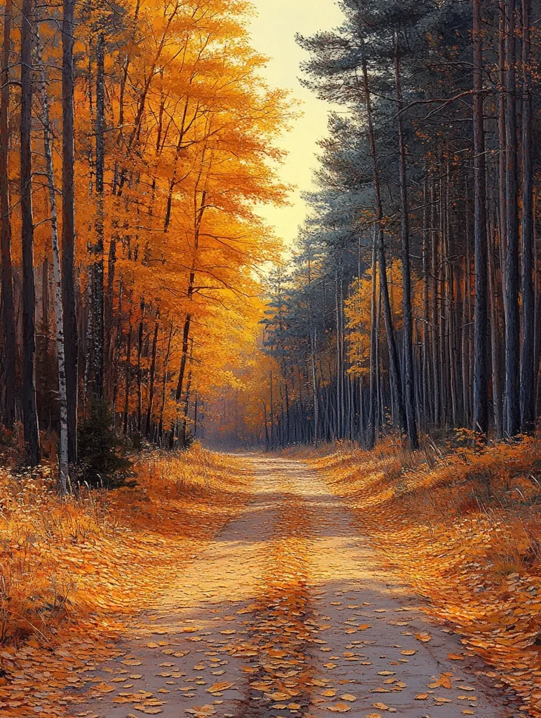 The image shows a dirt road winding through a forest. The trees on the left side are ablaze with autumn colors, while those on the right are dark green. The path is covered in fallen leaves, and the sunlight casts long shadows through the trees. The scene is tranquil and peaceful, inviting the viewer to take a walk along the path and enjoy the beauty of nature.