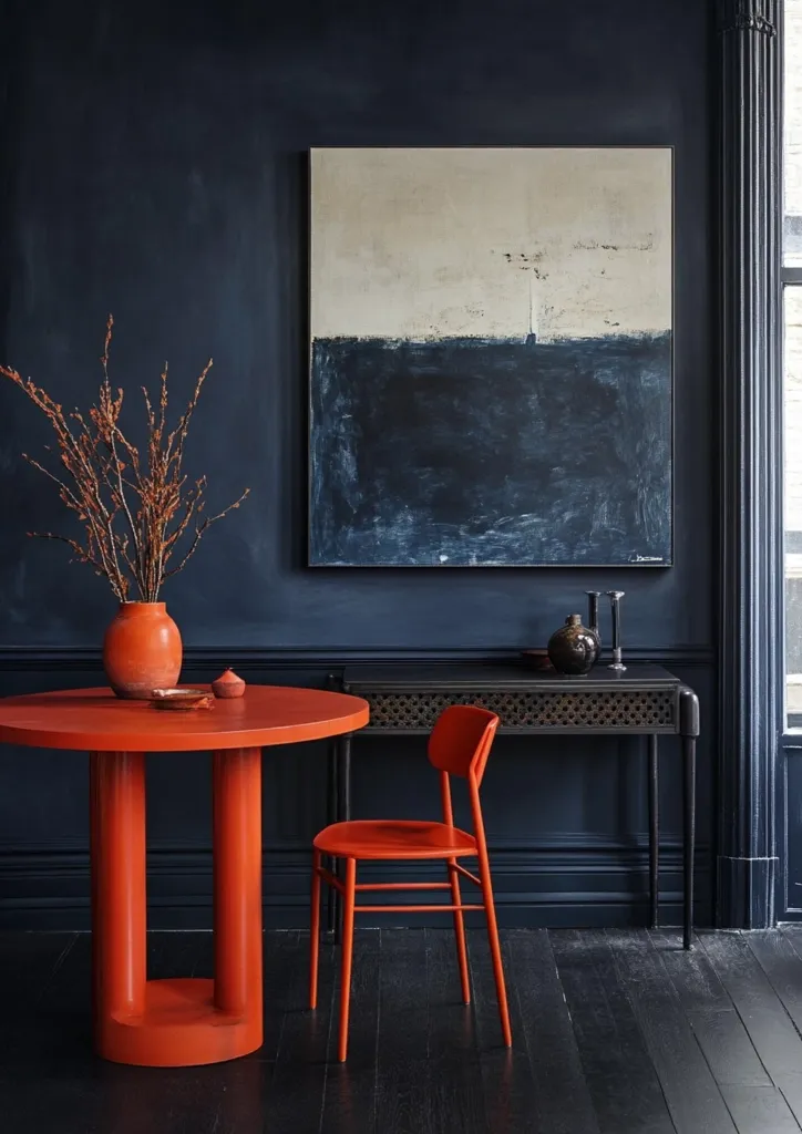 A modern dining space with a dark blue wall, a large abstract painting, and a single orange chair and table. The floor is dark wood, and there is a small, ornate black console table to the right. The chair and table are bright and eye-catching against the dark background.