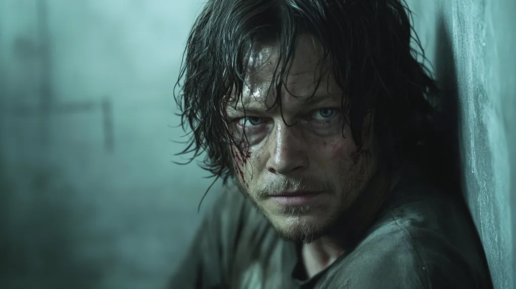 A man with dark, wet hair stares intensely at the viewer, his face is covered in dirt and grime, and there are visible cuts and wounds on his face. He is leaning against a wall, and his expression is one of grim determination. The overall tone of the image is one of grit and intensity.