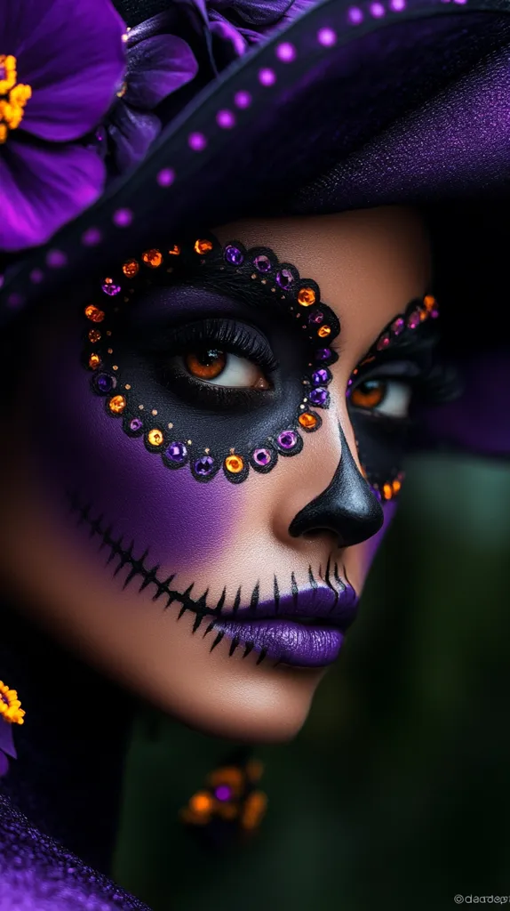 A woman wears elaborate purple and black Halloween makeup, including a skull-like design on her face and glittering jewels around her eyes. Her deep purple lips add a dramatic touch. The photo's focus on her face creates an intimate and slightly eerie atmosphere.  A deep purple hat adorned with floral embellishments adds to the mysterious look.