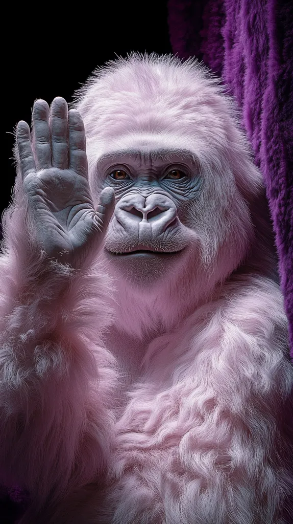 A close-up shot of a pink, furry gorilla. The gorilla has its hand raised in a wave, and its face is tilted slightly towards the camera. The background is blurred and features a purple fuzzy material. The image is soft and inviting, with the gorilla's fur appearing incredibly fluffy. It seems to be looking directly at the viewer with a gentle expression.