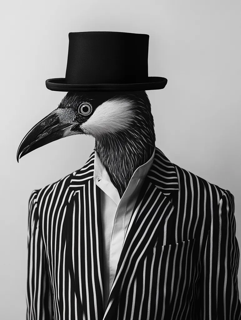 A black and white photograph of a bird wearing a black top hat and a striped suit jacket. The bird's beak is prominent and the top hat casts a shadow over its eyes. The image is a humorous and surreal juxtaposition of animal and human attire. The background is a plain white wall.