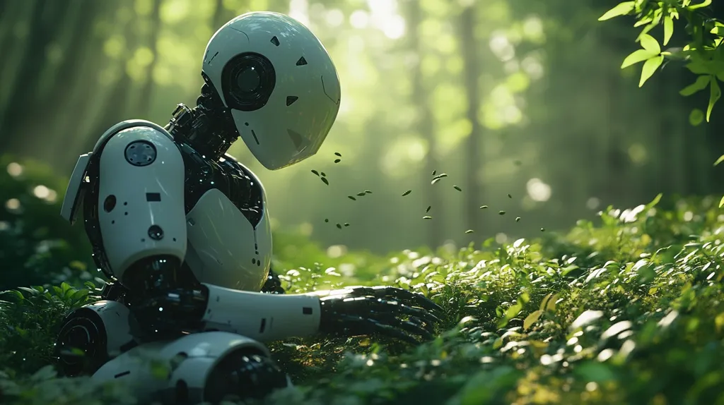 A white robot sits in a lush green forest. The robot is made of smooth, white plastic and has large, black eyes. It is surrounded by tall trees and green leaves. The robot's head is tilted down, as if in contemplation. The image is soft and dreamlike, suggesting a peaceful and contemplative moment.  The sunlight shines through the trees, creating a dappled effect on the forest floor.  The robot is a symbol of artificial intelligence and technology, while the forest represents nature and the natural world. The image creates a sense of contrast between the two, suggesting a possible harmonious relationship.