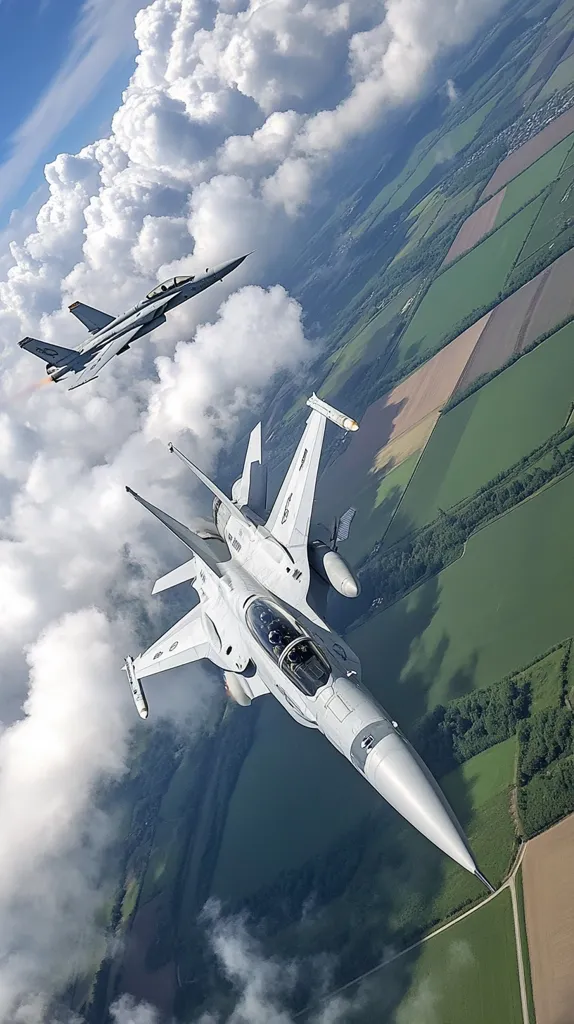 Two fighter jets fly through a blue sky with puffy white clouds. The lead jet is in the foreground with its nose pointed directly at the camera. The second jet is flying behind and slightly above the first, with its wings spread out. They are flying over a green landscape of fields and forests. The sun is shining and casting shadows on the ground below.  The photo was likely taken from the second jet, as the first one is not visible from the front.