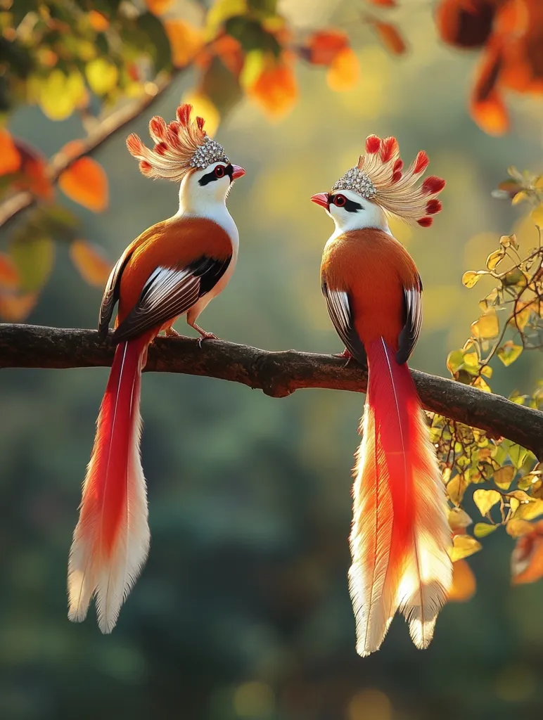 Two birds with long, flowing red and white tails sit on a branch. The birds have a crown of feathers on their heads and are adorned with jewels. The background is blurred and out of focus, highlighting the birds and their intricate plumage. The overall image is vibrant and colorful, capturing the beauty of nature.
