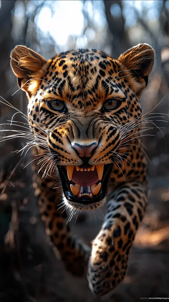 A close-up shot of a leopard's face, with its mouth open in a menacing snarl, revealing sharp teeth. The leopard's fur is spotted and brown, with a black nose and dark eyes. The background is blurred, suggesting a natural setting. The image captures the animal's raw power and predatory instinct.