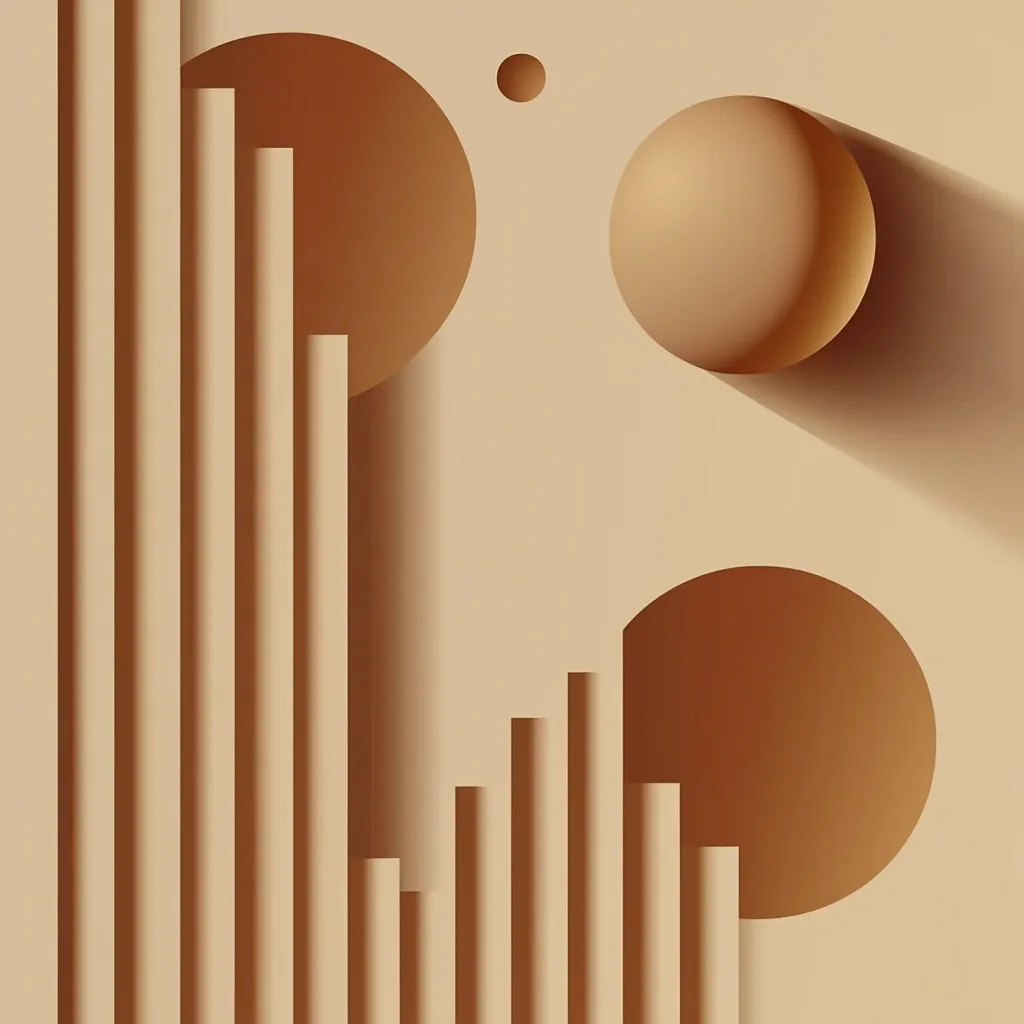 The image features a minimalist abstract composition of geometric shapes in shades of brown. Vertical columns on the left are juxtaposed with a circular cutout on the right, creating a sense of balance. A large sphere rests atop a smaller one, adding dimensionality to the design. The overall effect is clean, modern, and aesthetically pleasing.