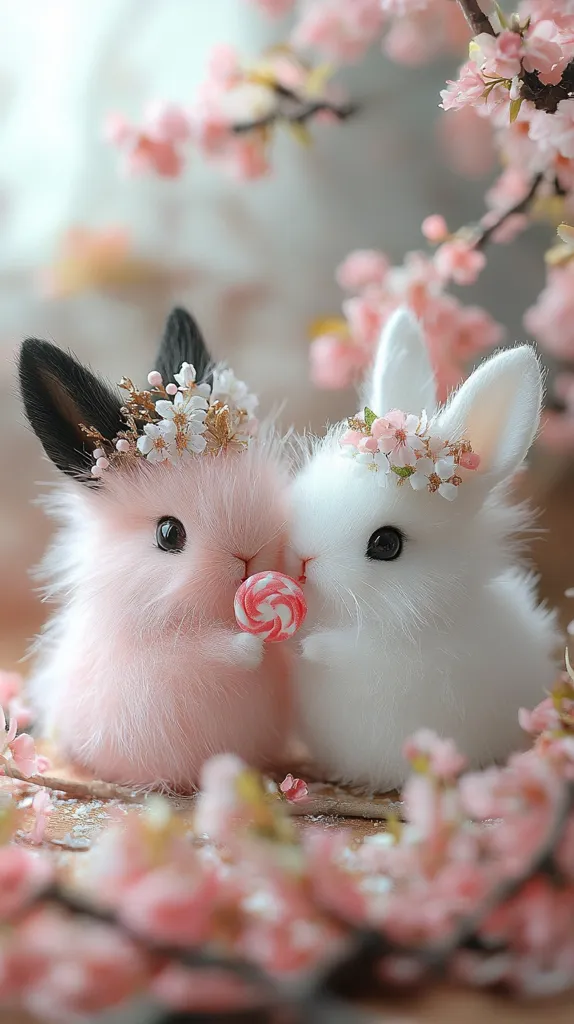 Two fluffy bunnies, one pink and one white, are nestled among pink cherry blossoms. The pink bunny is wearing a delicate flower crown, and the white bunny has a simple white one. The bunnies are looking at each other, and the pink bunny is holding a pink and white swirl lollipop. The image is soft and whimsical, and it conveys a sense of sweetness and innocence.