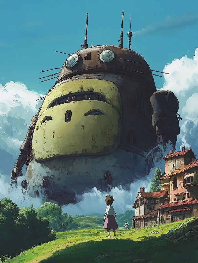 A young girl in a pink dress stands in a grassy field, looking up at a colossal, rusty, and anthropomorphic robot that towers over a small village. The robot's face is expressive, with large eyes and a wide, slightly frowning mouth. The scene evokes a sense of wonder and perhaps a hint of apprehension.  The sky is a soft blue with fluffy white clouds.