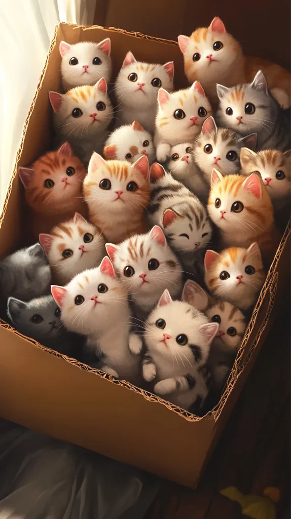 A cardboard box overflowing with adorable kittens. The kittens are a mix of colors, including white, orange, grey, and tabby. They are all looking at the camera with big, innocent eyes. Some are sitting up, while others are curled up in the box.  The kittens are a sight to behold, and they are sure to melt your heart.