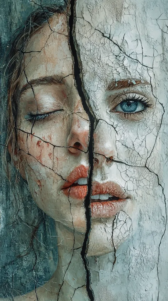 The image depicts a woman's face split down the middle, with one side smooth and the other covered in cracks and a hint of blood. The right eye is open and blue, while the left eye is closed. The lips are parted in a soft expression. The image is painted in a realistic style, with a focus on detail and texture. The contrasting sides suggest a duality or conflict within the woman. The cracks may symbolize pain, vulnerability, or a breakdown of the self. The blue eye on the cracked side suggests a hidden strength or resilience.