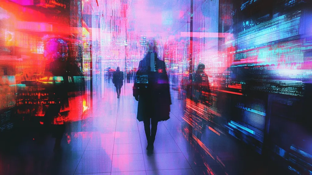 A solitary figure walks down a neon-lit hallway, their form shimmering through a shimmering haze of digital noise. The walls are lined with glowing panels, reflecting a kaleidoscope of colors and abstract patterns. The scene evokes a sense of futuristic urbanity, where technology and reality blend seamlessly. The image is both alluring and unsettling, hinting at a world both beautiful and unknown.