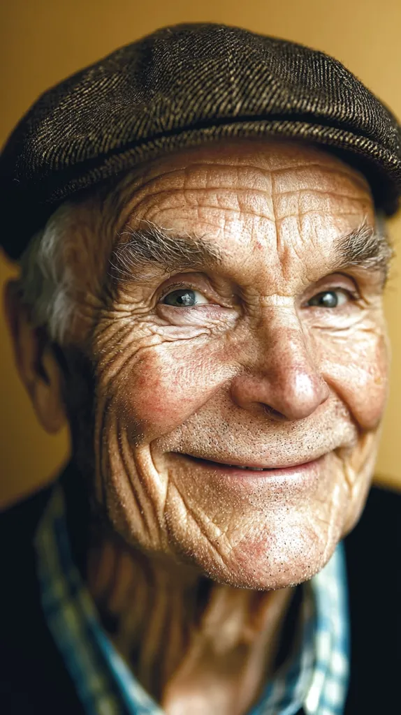 The image is a close-up portrait of an elderly man wearing a brown newsboy cap.  He is smiling warmly with a hint of mischief in his eyes. His face is lined with wrinkles, a testament to a life well lived. He is dressed in a blue and white plaid shirt. The image has a warm and nostalgic feel.