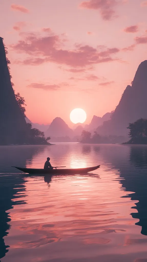 A solitary figure rows a small boat across a still lake, the setting sun casting a warm, pink glow across the water. The mountains on either side of the lake are silhouetted against the evening sky, creating a serene and picturesque landscape. The water reflects the sky and clouds, adding to the sense of peace and tranquility.
